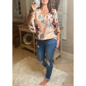 “Spring Is In The Air” Floral Print V-Neck Flared Sleeve Boho Dressy Top Light Peach S/M/L/XL/2X