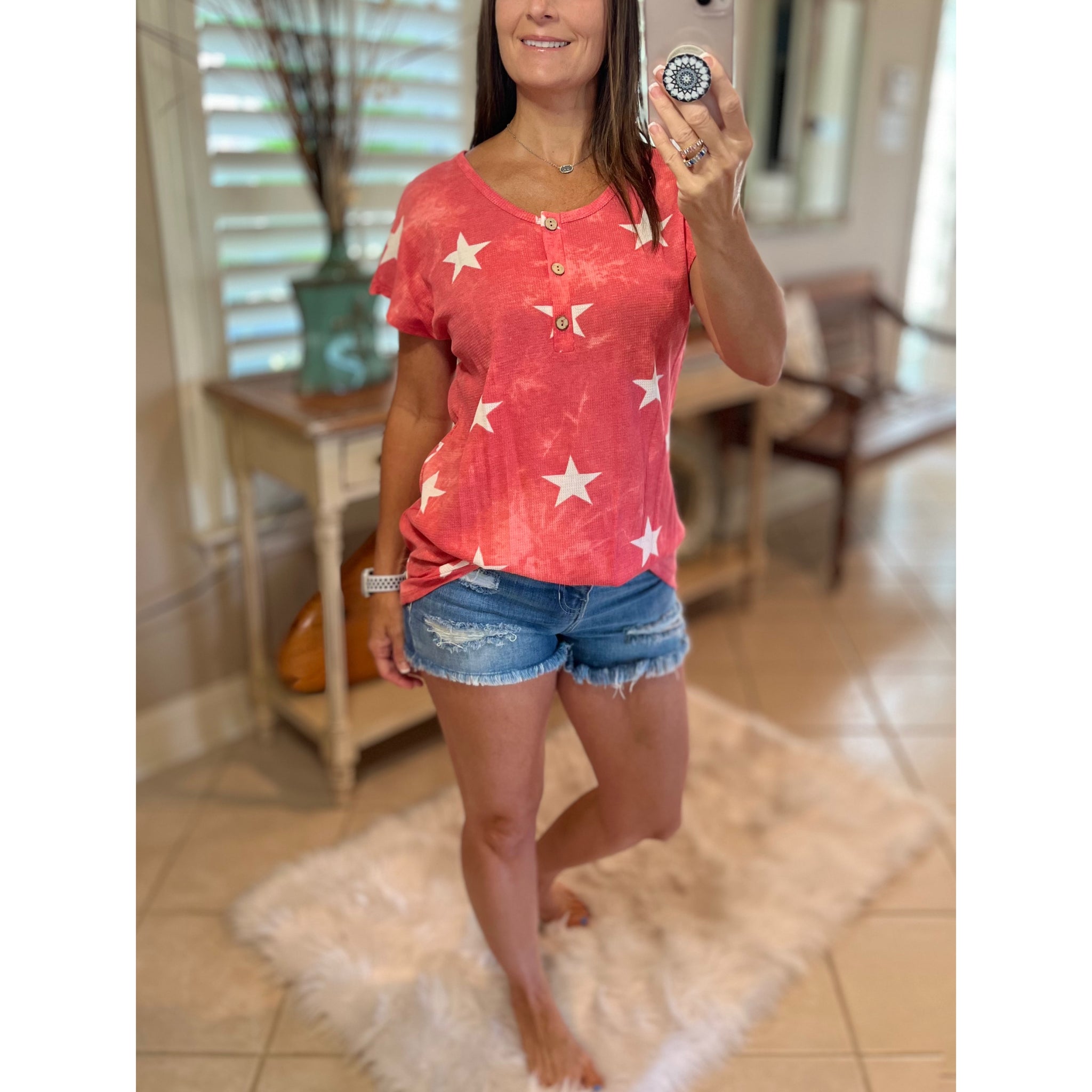 "Don't Stop Believing" Star Print 4th of July America Floaty Henley Self Tie Red S/M/L