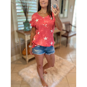 "Don't Stop Believing" Star Print 4th of July America Floaty Henley Self Tie Red S/M/L