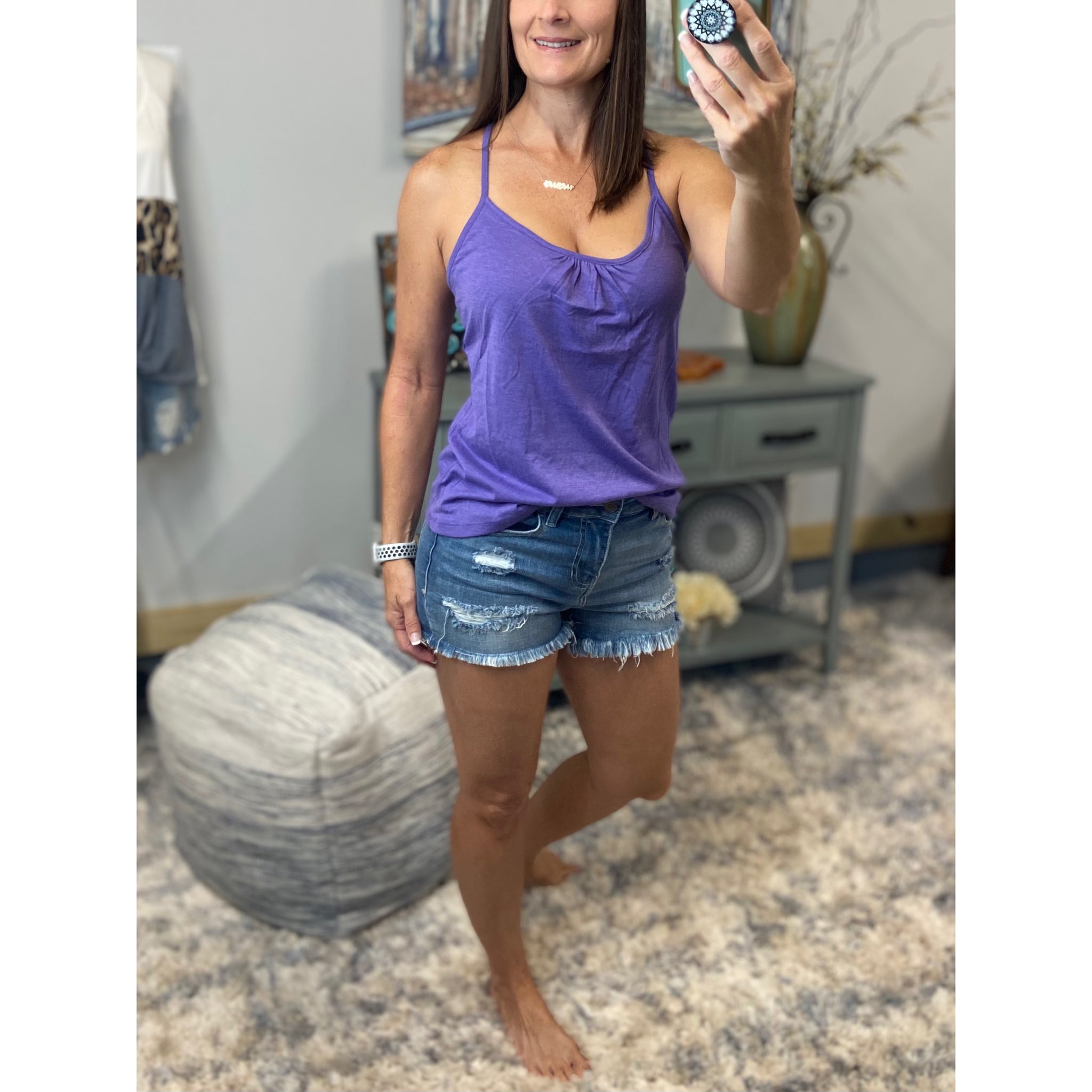 “Can’t Get Away” Low Cut Scoop Neck Mesh Racerback Shirred Tissue Tank Shirt Top Purple