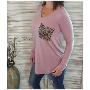 V Neck Soft Jersey Knit Floaty Animal Print Leopard Pocket Long Sleeve Pink