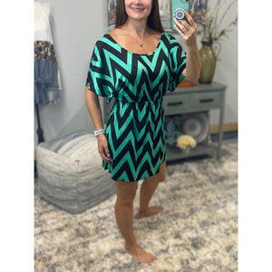 Sexy Chevron Zig Zag Print Batwing Dolman Elastic Waist Dress Black/Green S/M/L
