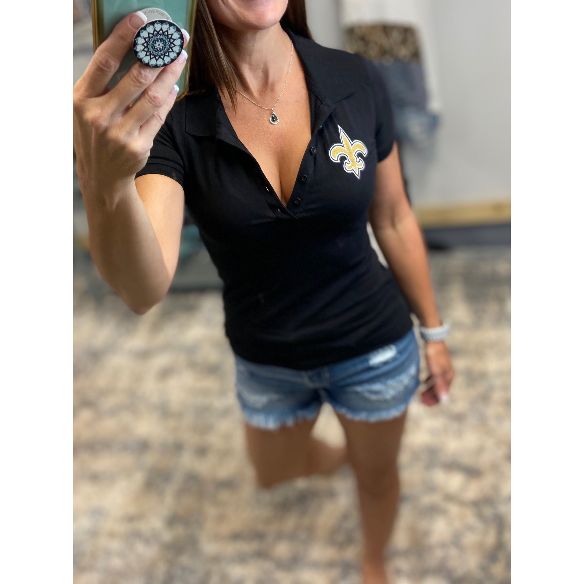 New Orleans Saints Embroidered Fleur de Lis Basic Polo Low Cut Henley Collar Slim Fitted Stretch Top Black S/M/L