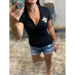 New Orleans Saints Embroidered Fleur de Lis Basic Polo Low Cut Henley Collar Slim Fitted Stretch Top Black S/M/L
