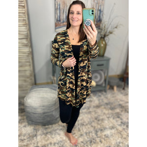 “Suspicious Love” Open Long Cardigan Pocket Asymmetrical Light Long Sleeve Open Front Camouflage