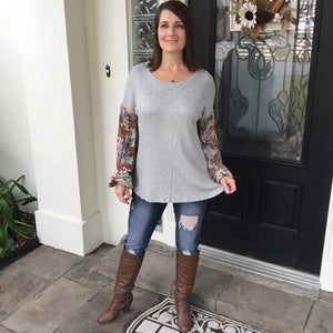 Woven Waffle Bishop Bubble Floral Contrast Long Sleeve Top Gray S/M/L