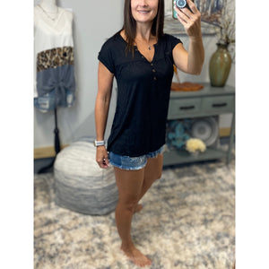 “Just Be You” Sheer Burnout Melange Tissue V Neck Henley Short Tab Sleeve Shirt Tee Black