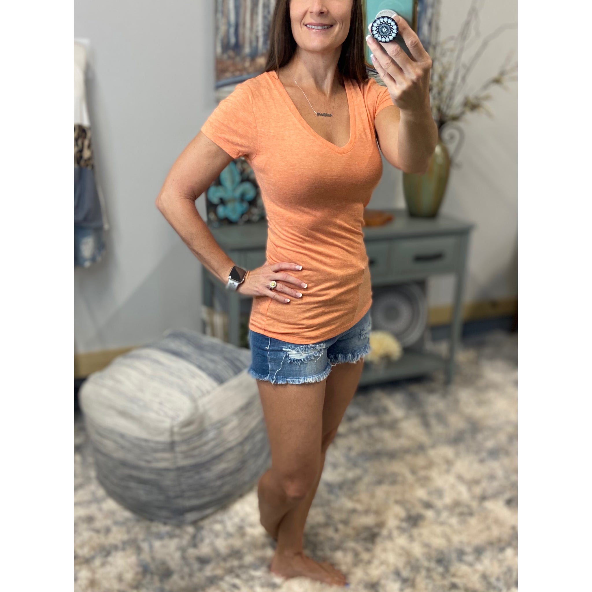 Low Cut V-Neck Melange Baby Slimming Short Sleeve Basic Tee Shirt Orange