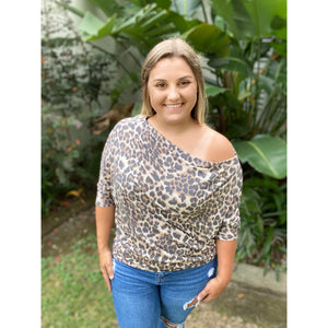 “Let’s Go Out” Leopard Off Shoulder Open Neck Dolman 3/4 Sleeve Top Brown