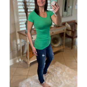 Sexy Crew Neck Basic Baby Slimming Short Cap Sleeve Tee Shirt Green