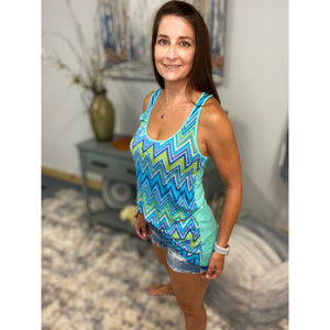 "Crushing It" Chevron Striped Low Cut Summer Racerback Floaty Tank Top Tunic Mint S/M/L