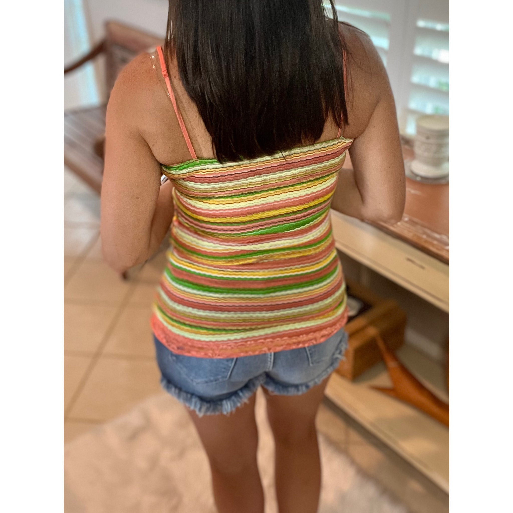 Striped Low Cut Cleavage Retro Lace Summer Tank Cami Top Tunic Peach S/M/L