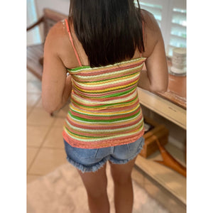 Striped Low Cut Cleavage Retro Lace Summer Tank Cami Top Tunic Peach S/M/L