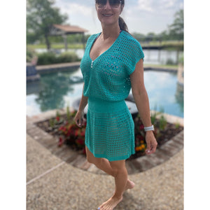 “Ocean Eyes” Crochet Mesh V Neck Mini Beach Swimsuit Cover Up Beach Pool Aqua Green One Size