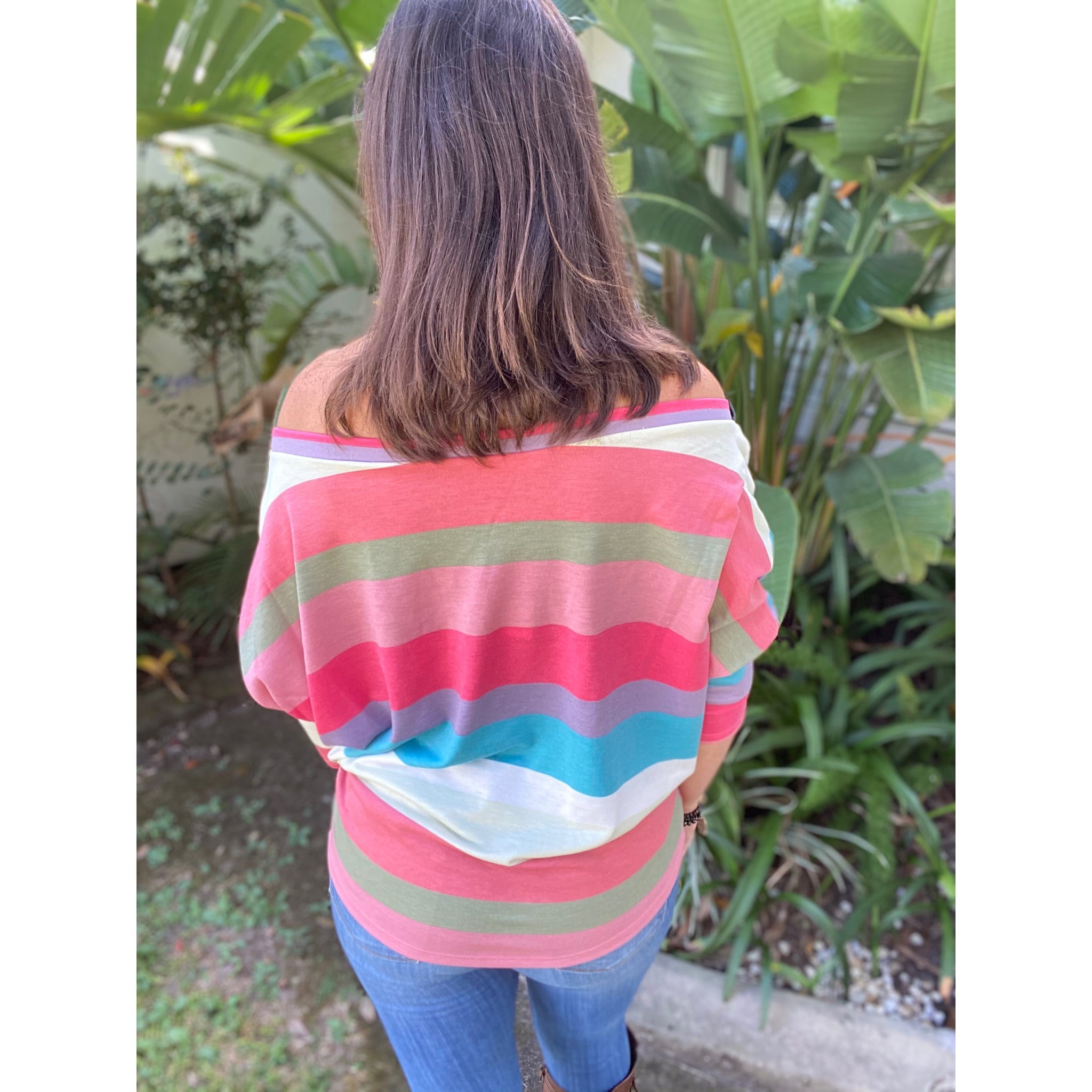 “Just The Way I Like It” Striped Off Shoulder Open Neck Dolman Long Sleeve Top