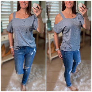 Very Sexy Distressed One Cold Shoulder Cutout Top Blue S/M/L