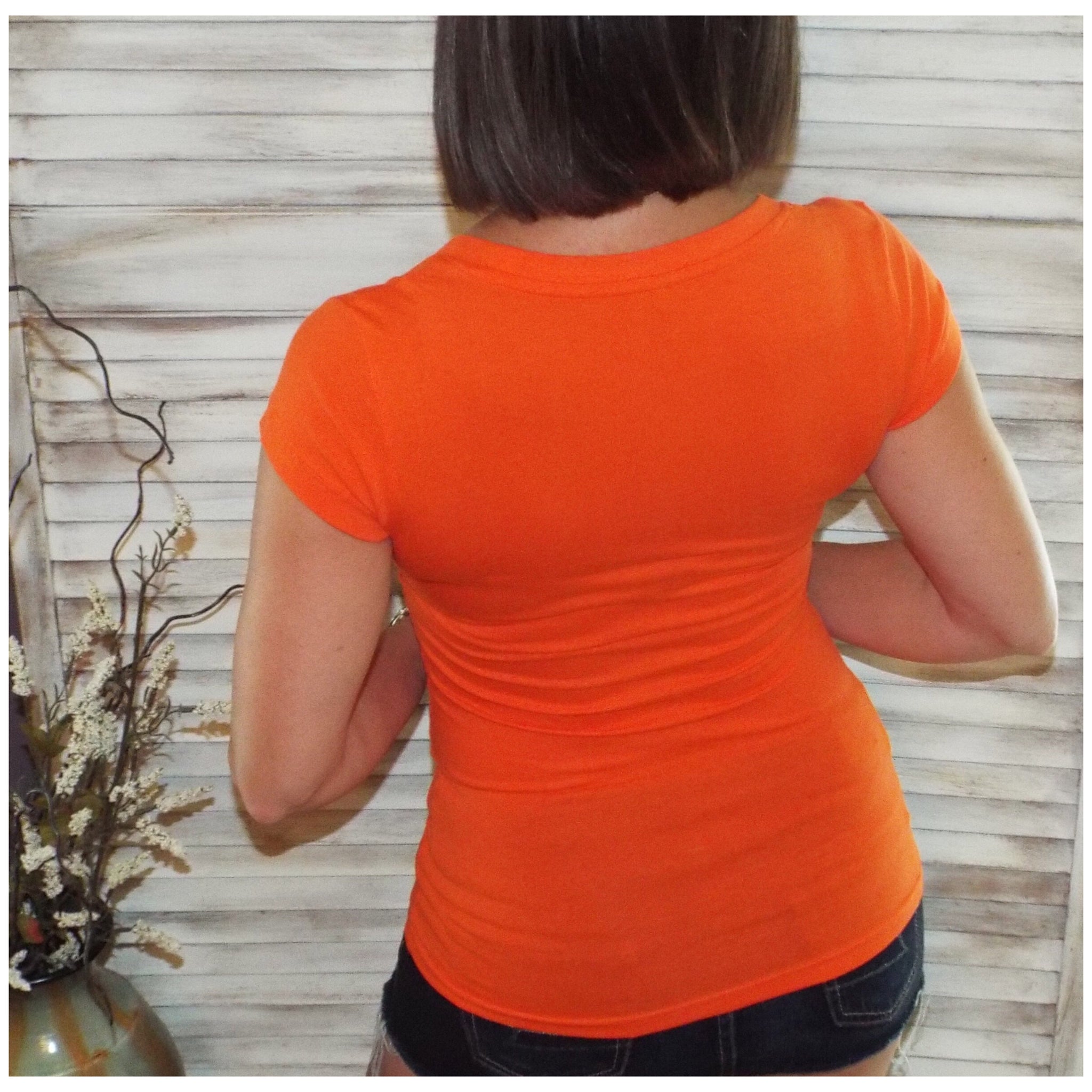 Low Cut Scoop Neck Cleavage Baby Slimming Basic Tee Shirt Orange S/M/L/XL