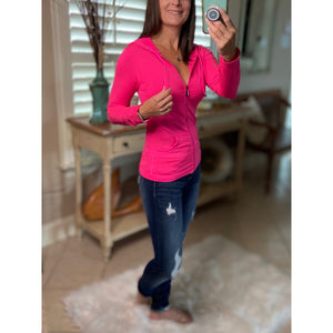 Sexy Sporty Slimming Seamless Zipper Lightweight Hoodie Jacket Pockets Neon Pink OS
