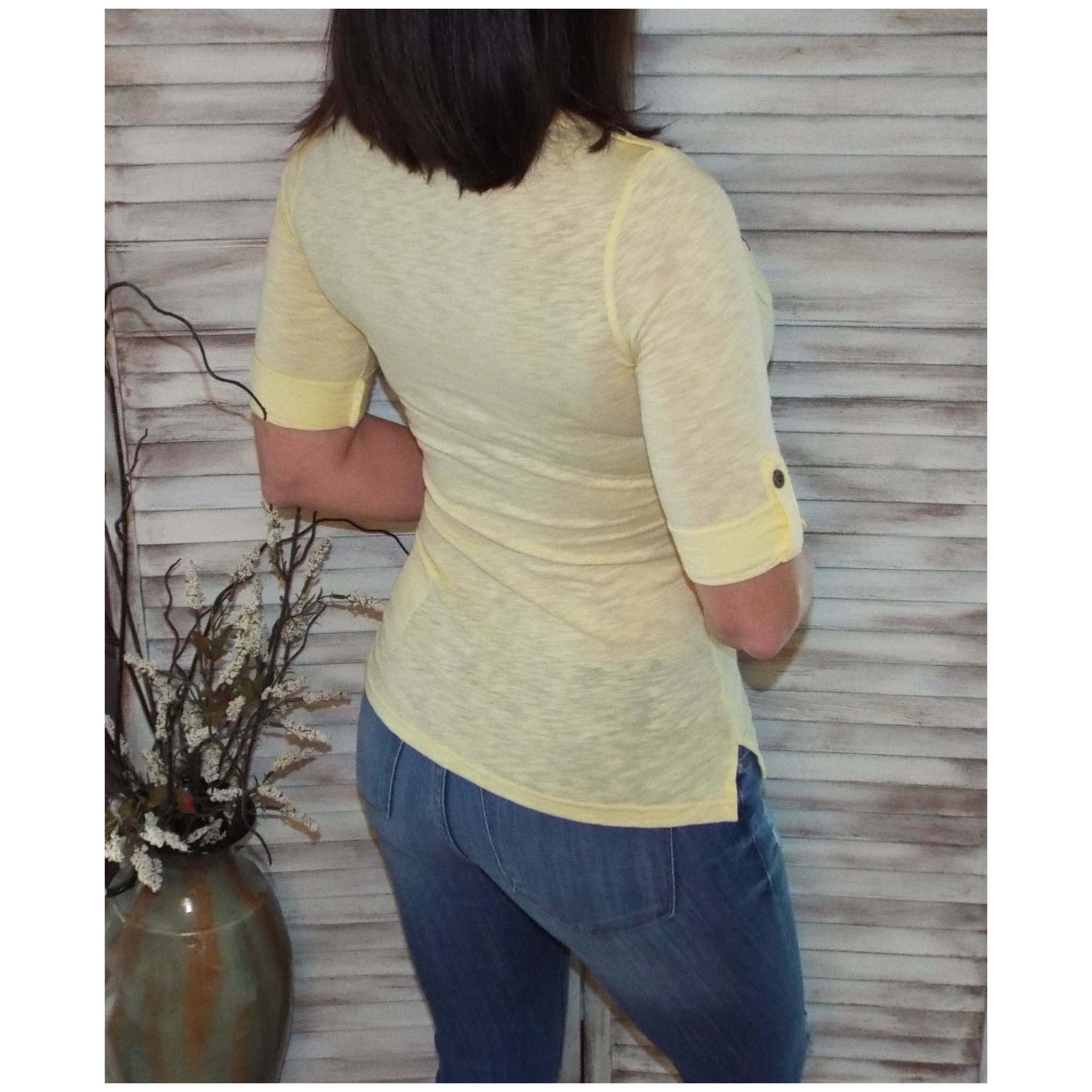 Sexy V Neck Plunge Cleavage Military Henley Pocket Cuff Sleeve Top Yellow S/M/L