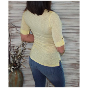 Sexy V Neck Plunge Cleavage Military Henley Pocket Cuff Sleeve Top Yellow S/M/L