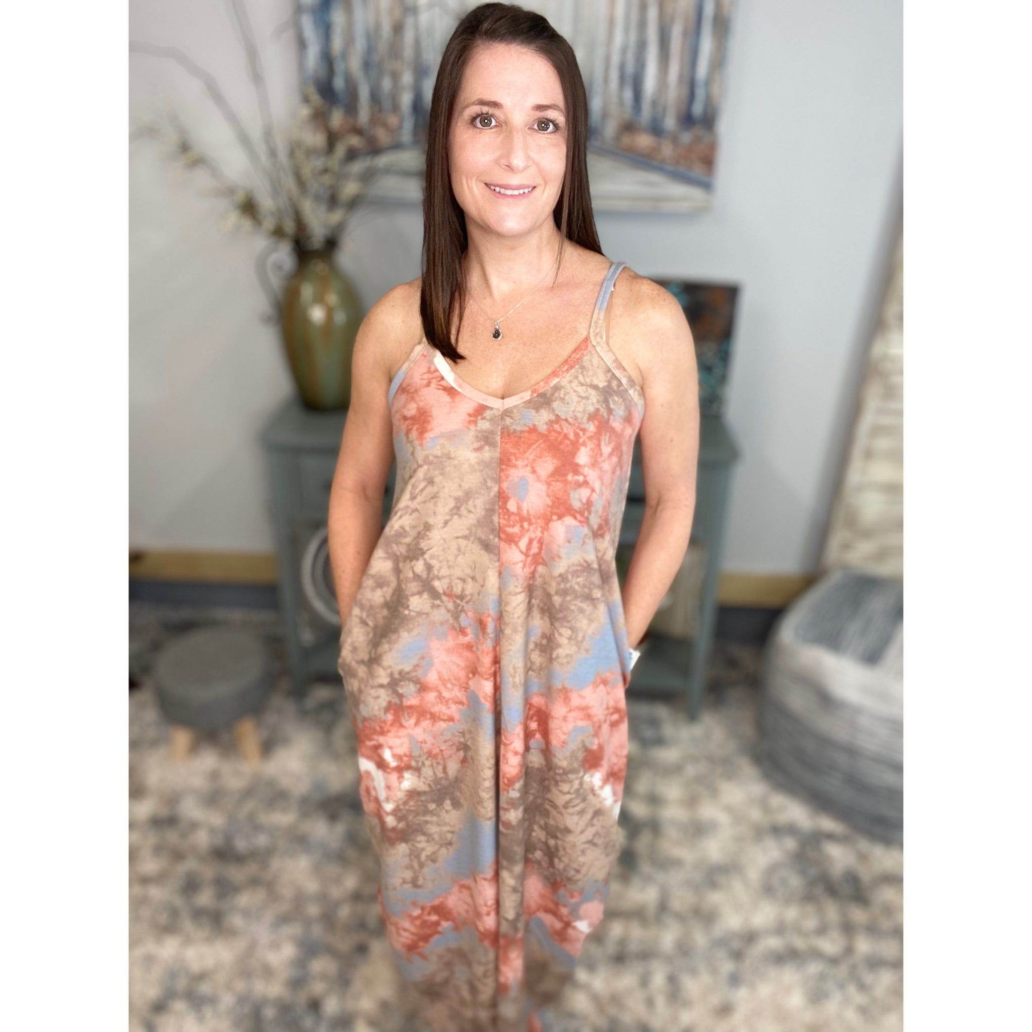 “In The Springtime” Maxi Dress Tie Dye French Terry V Neck Cami Tank Long Tube Pocket Summer Peach Blue