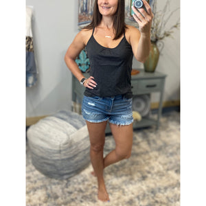 “Can’t Get Away” Low Cut Scoop Neck Mesh Racerback Shirred Tissue Tank Shirt Top Gray S/M/L