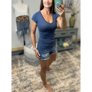 “Basic Babe” Low Cut V-Neck Cleavage Baby Slimming Basic Tee Shirt Top Blue S/M/L