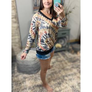 “When I Come Around” Swirl Tie Dye French Terry Long Sleeve V-Neck Banded Bottom Top Multi