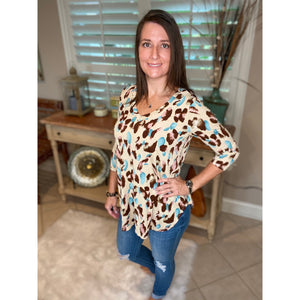 “Too Good To Be True” Leopard Print V Neck Quarter Sleeve Round Bottom Floaty Taupe Pink