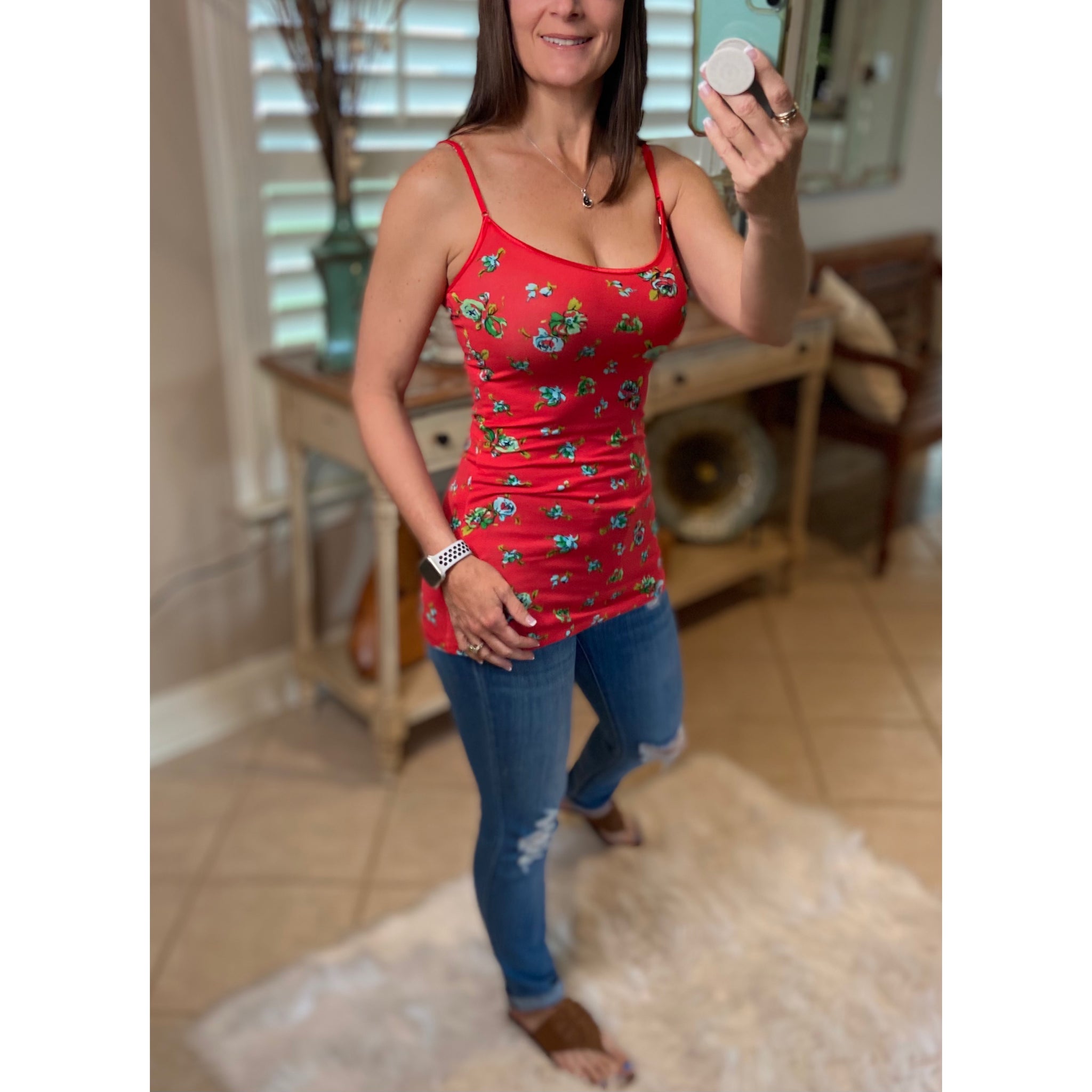 Low Cut Cleavage Country Floral Summer Layering Tank Cami Top Red S/M/L