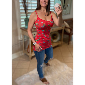 Low Cut Cleavage Country Floral Summer Layering Tank Cami Top Red S/M/L