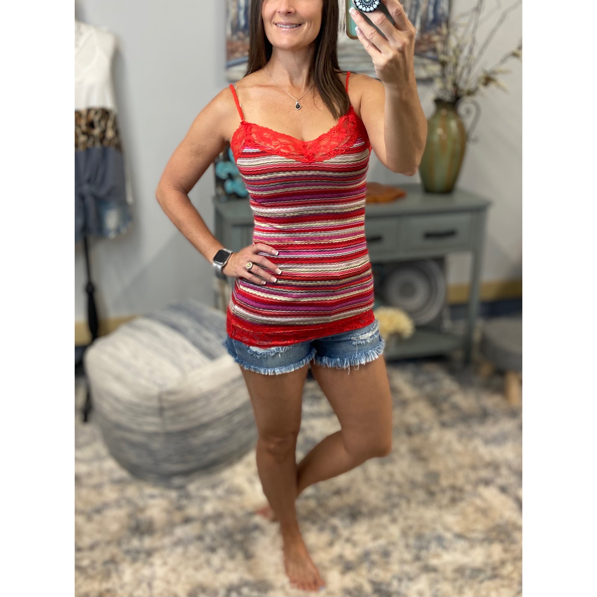 Striped Low Cut Cleavage Retro Lace Summer Tank Cami Top Tunic Red S/M/L