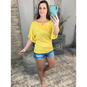 "Charmed Life" Boat Neck Short Ruffle Bell Dolman Sleeve Top Yellow