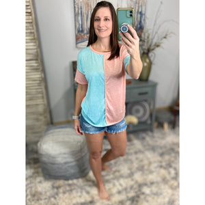 “Give It Up” Color Block Contrast Melange Round Neck Shirt Pink Mint S/M/L/XL