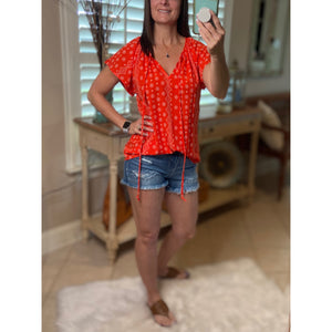 “Wildflower” Floral Dressy Self Tie Keyhole Short Sleeve Round Neck Lightweight Top Red
