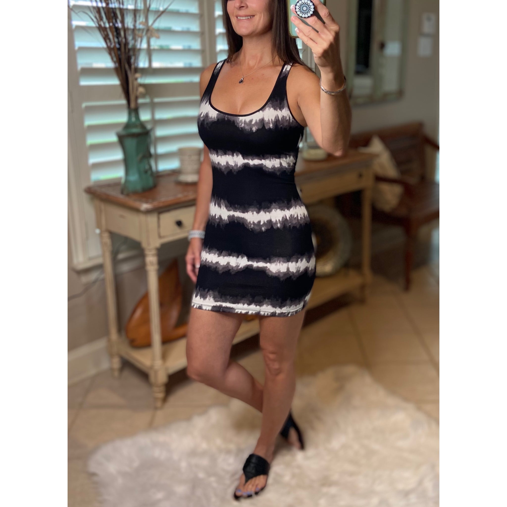"Black Magic Woman" Striped Tie Dye Scoop Racerback Cleavage Bodycon Mini Summer Tank Dress Black S/M/L