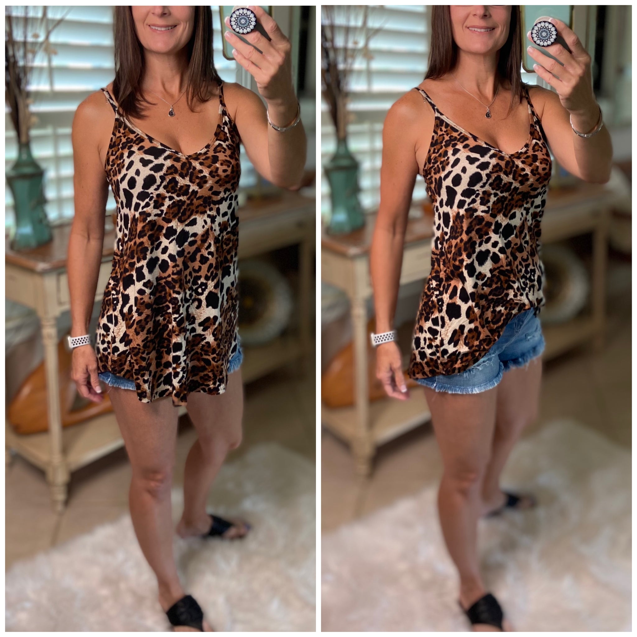 “Heat Wave” Reversible Leopard Low Scoop Or V Neck Spaghetti Strap Tank Top Brown