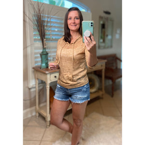 Sexy Sheer Burnout Drawstring Hoodie Tissue High Neck Top Shirt Camel