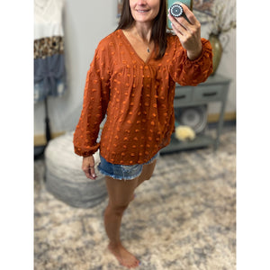 “Harvest Festival” Swiss Dot Long Bubble Sleeve V-Neck Floaty Top Rust