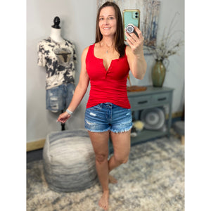 “Let The Sun Shine” Ribbed Henley Low Cut Boy Beater Cleavage Fitted Tank Top Red