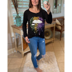 “Throw Me Something Mister” Mardi Gras Lips Wide Neck Off Shoulder Purple Green & Gold