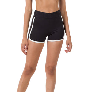 "Summer Hype" Athletic Sporty Elastic Waist Contrast Trim Dolphin Hem Shorts Black S/M/L/XL