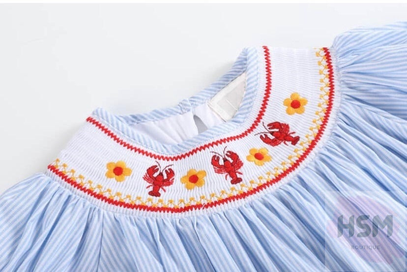 "Crawfish Fest" Smocked Pinstriped Crawfish Flower Bishop Embroidery Blue Dress