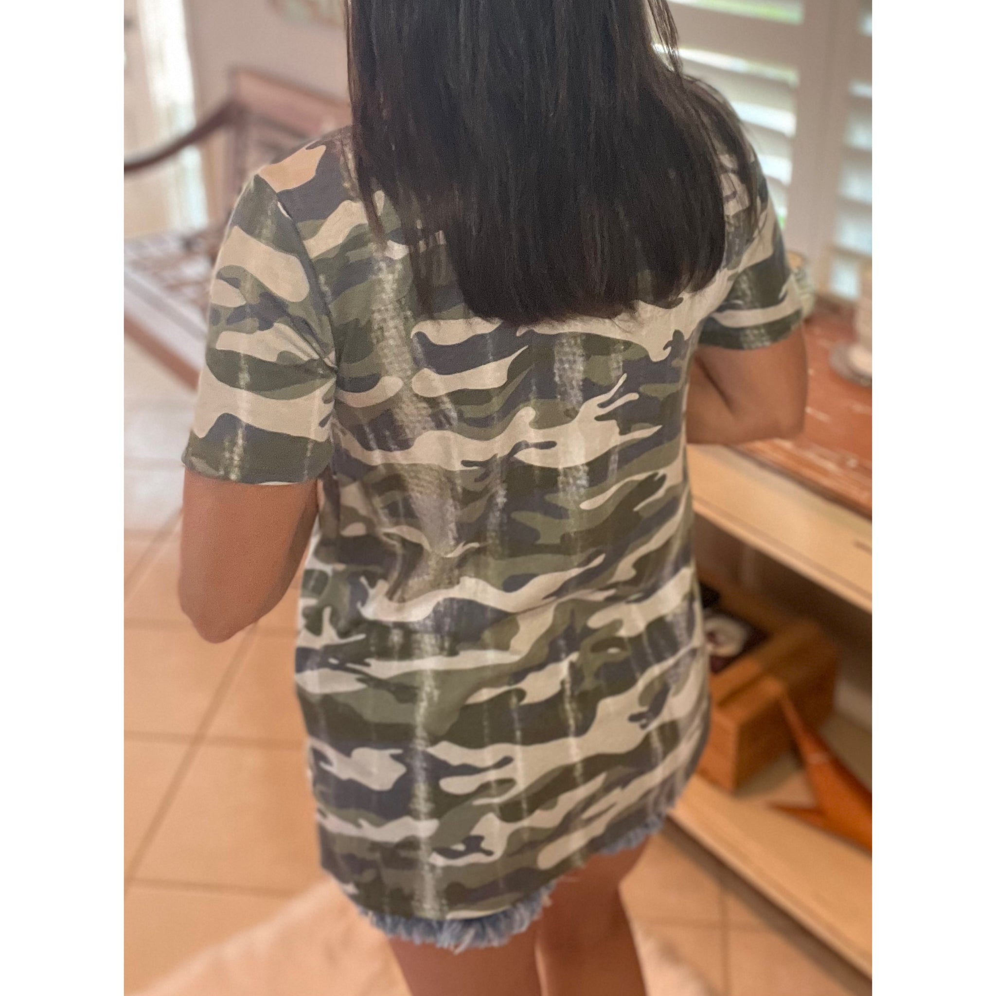"March to a Different Drum" Distressed Camouflage Criss Cross Cutout Front Short Sleeve Green S/M/L