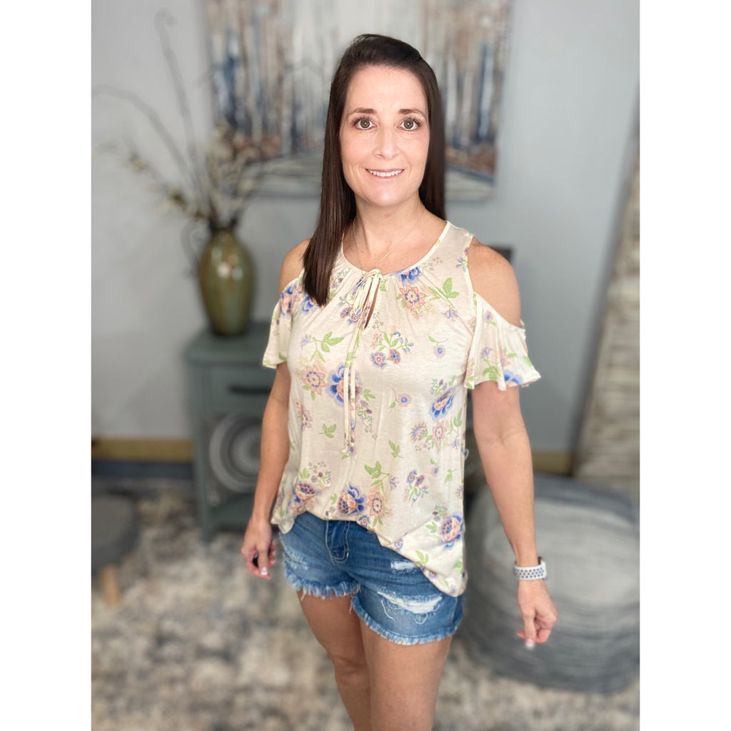 "Good Life" Floral Cold Shoulder Cutout Tie Flutter Sleeve Round Tie Neck Top Ivory