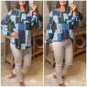 “I Have the Blues” Bohemian Floral Patchwork Print High Neck Boho Dressy Top Blue