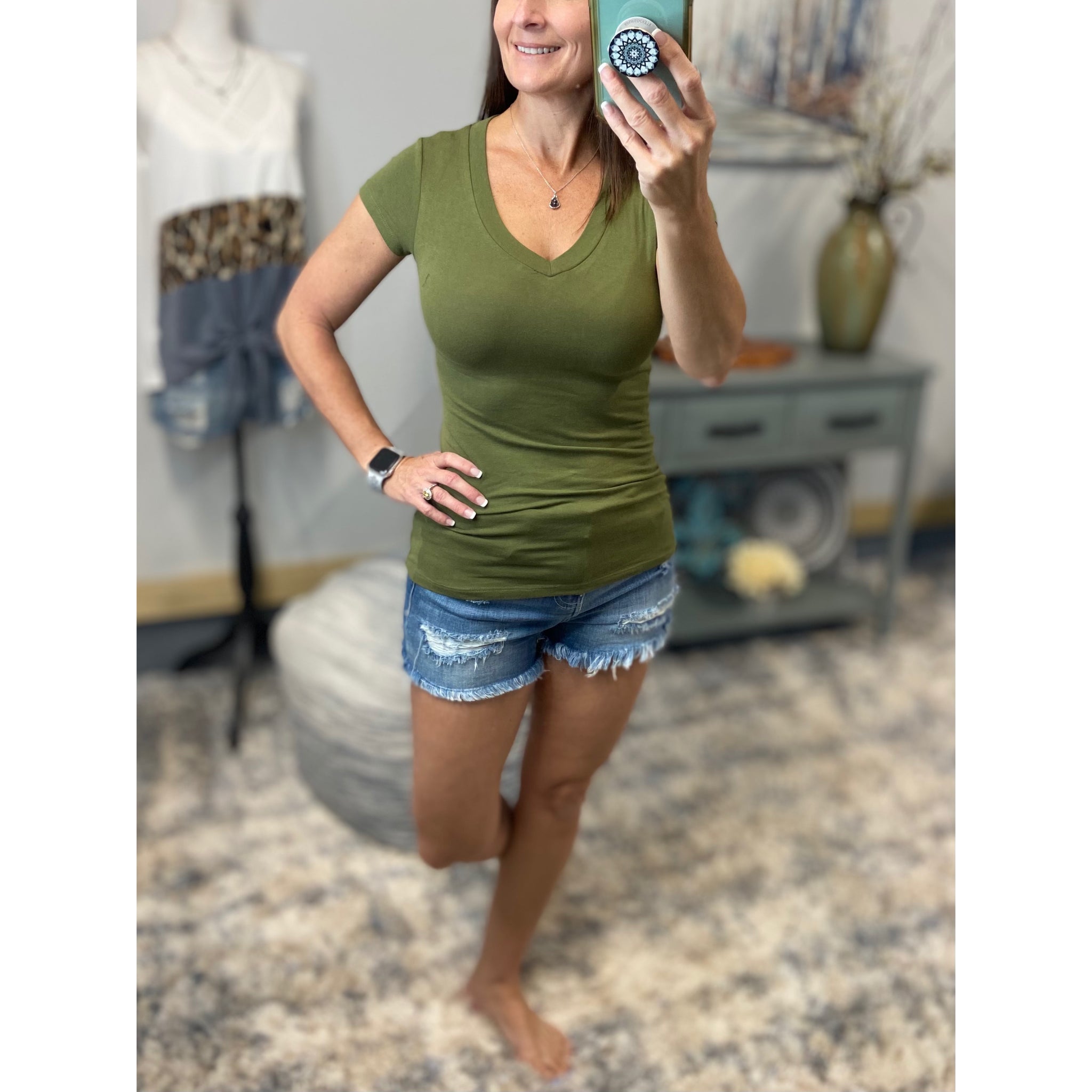 “Basic Babe” Low Cut V-Neck Cleavage Baby Slimming Basic Tee Shirt Top Olive 1X/2X/3X