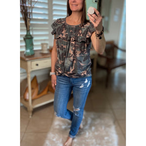 “I’m Still A Girl” Camouflage Gathered Chest Short Ruffle Sleeve Top Green S/M/L/XL