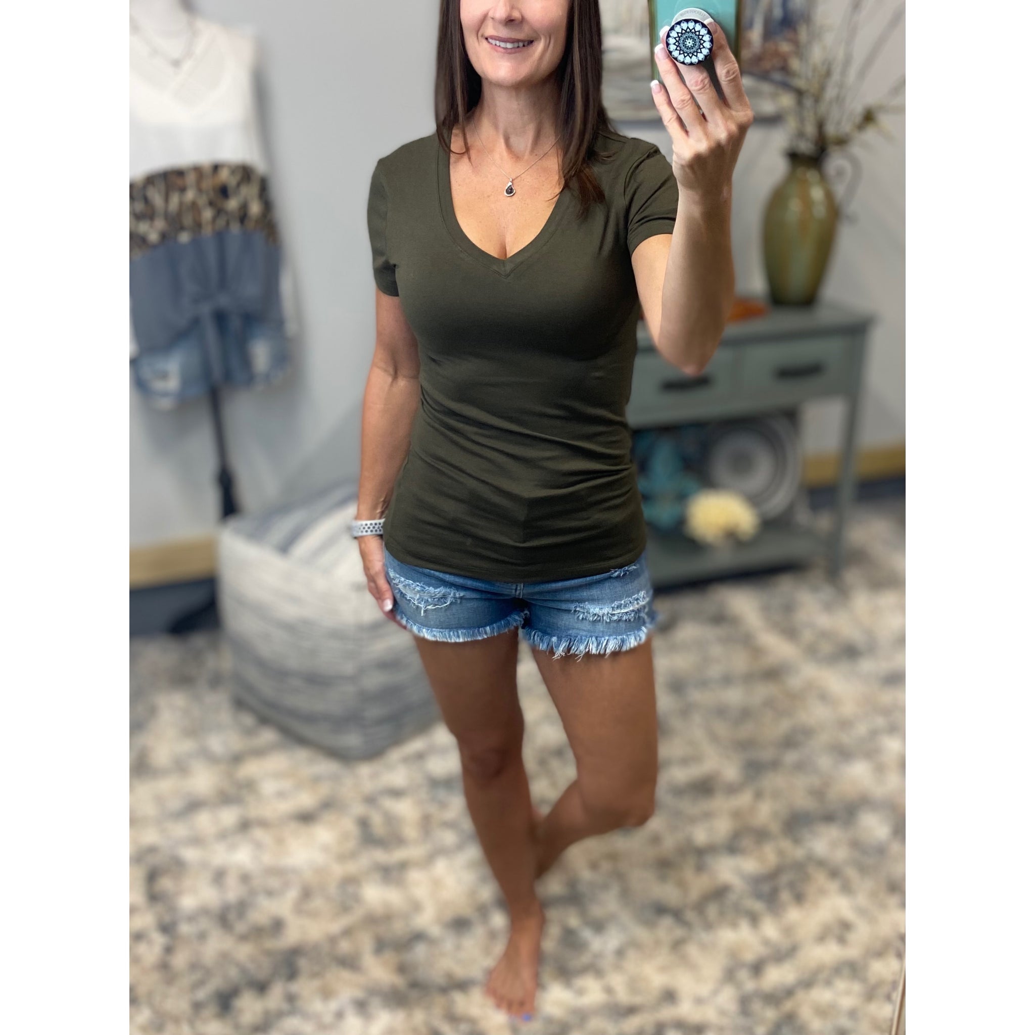 “Basic Babe” Low Cut V-Neck Cleavage Baby Slimming Basic Tee Shirt Dk Olive S/M/L/XL
