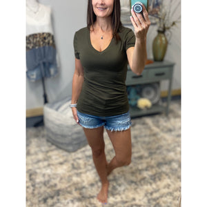 “Basic Babe” Low Cut V-Neck Cleavage Baby Slimming Basic Tee Shirt Dk Olive S/M/L/XL